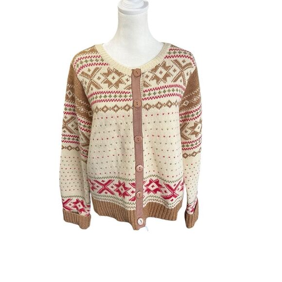 Sundance 100% Lambswool Fair Isle Button Up Long Sleeve Sweater Cardigan Medium - Picture 2 of 10